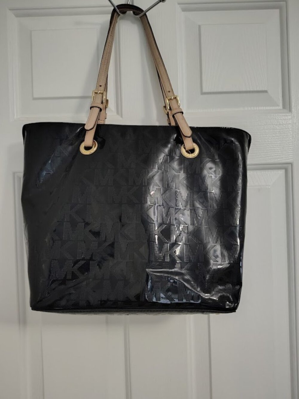 Michael Kors Black Patent Logo Tote Bag | Large Shoulder Bag | Gold Hardware